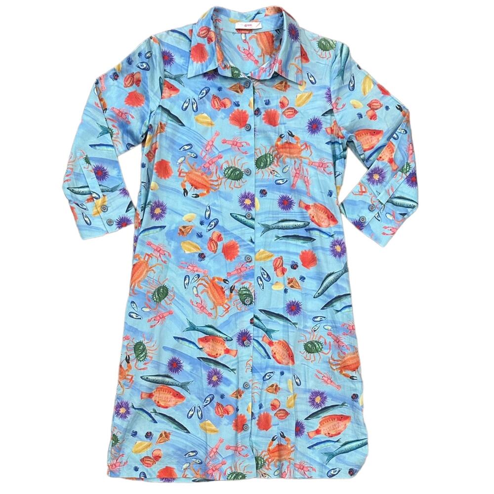 Leggiadro St Tropez Printed Cotton Shirt Dress in French Fishes